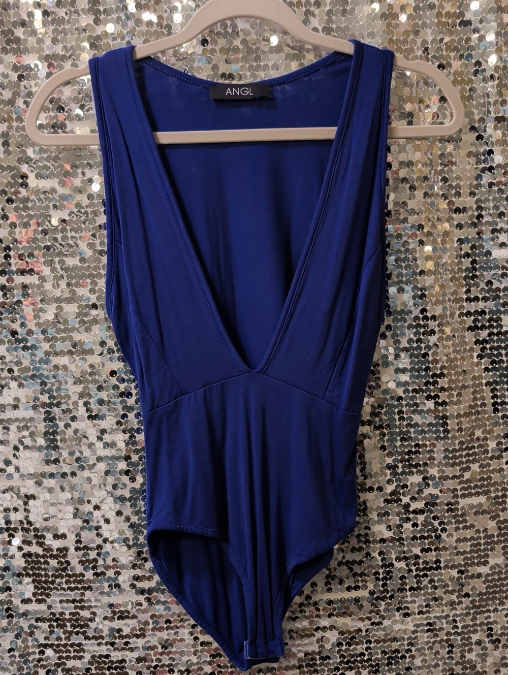 ANGL Sleeveless Deep V Royal Blue Stretch Bodysuit
